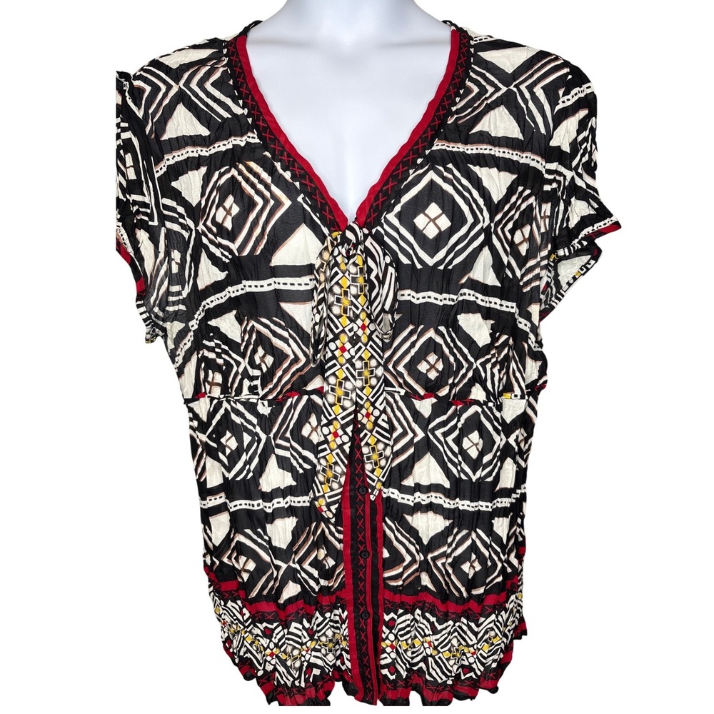 SUNNY LEIGH Black Red Geometric Boho Crinkle Peplum Top Sz 2X Ethnic Casual-Chic